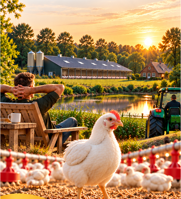 Een ontspannen pluimveehouder op een bankje bij zonsondergang, met een witte kip en een pluimveestal op de achtergrond